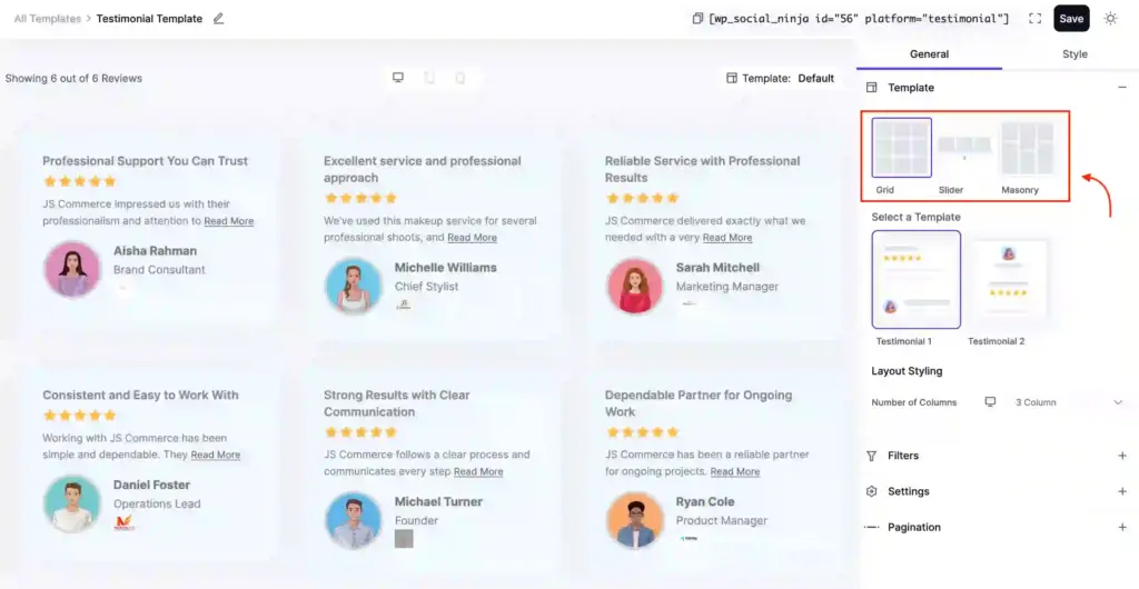 WP Social Ninja testimonial layout types for WordPress websites