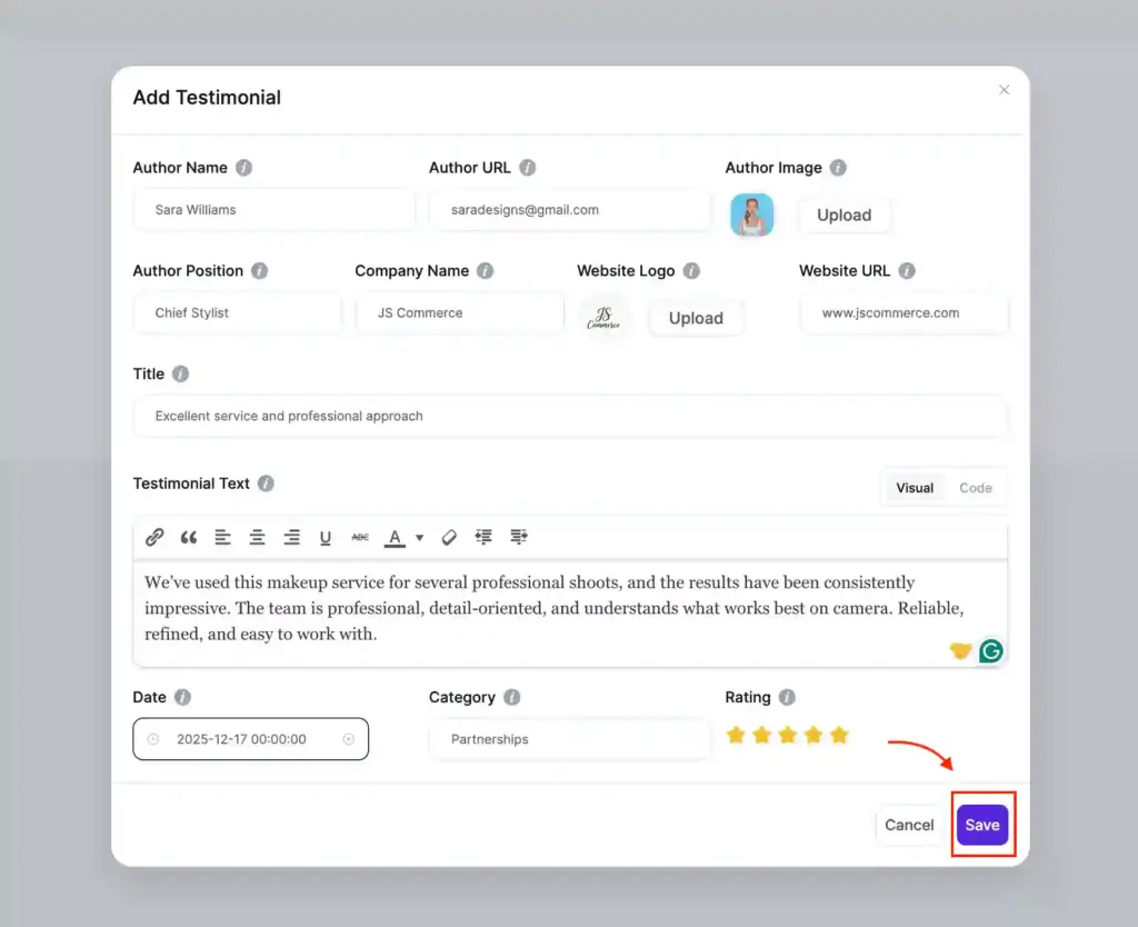 Save button on the Add Testimonial completed form in the WP Social Ninja dashboard