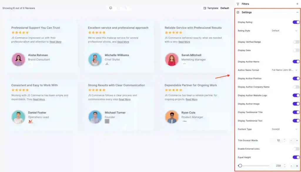 Settings options for testimonial template customization in WP Social Ninja