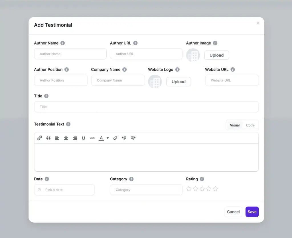 Add Testimonial form in the WP Social Ninja dashboard