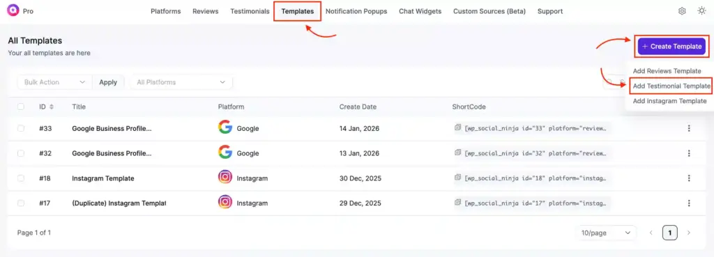 Add Testimonial Template option in the WP Social Ninja Templates creation section