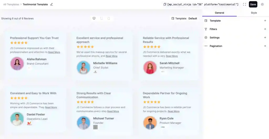 WP Social Ninja testimonial template editor with customization options