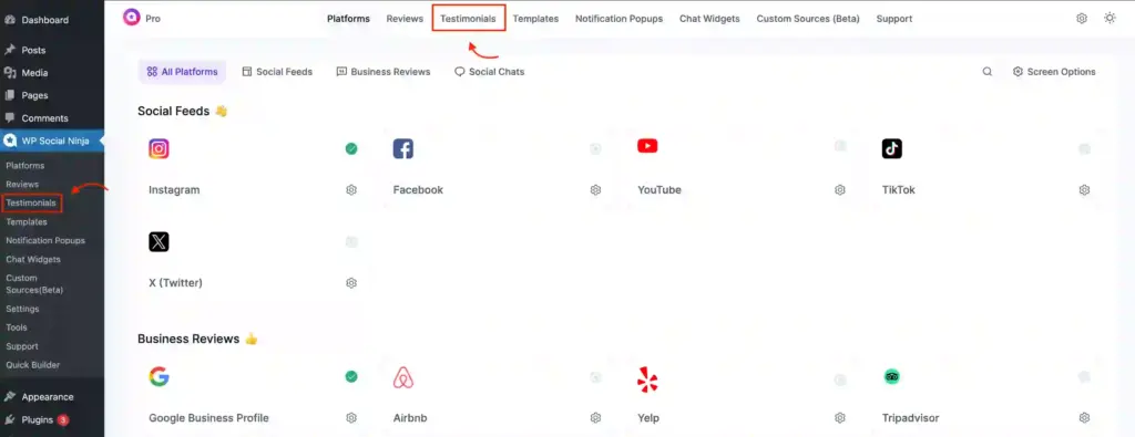 WP Social Ninja dashboard showing the Testimonials feature section
