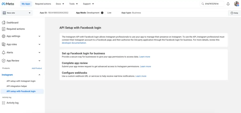 api setup with business login