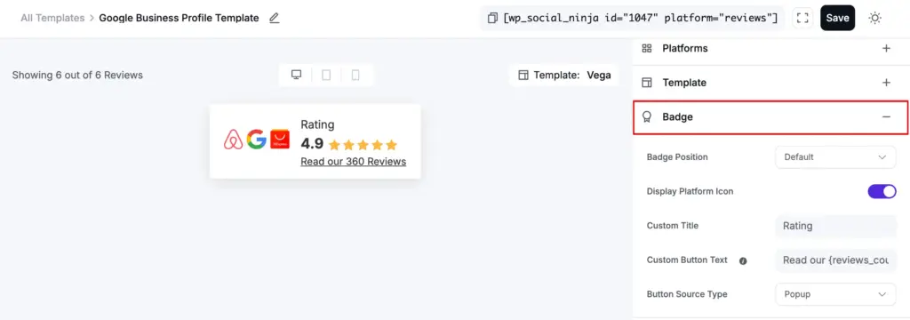 badge template settings