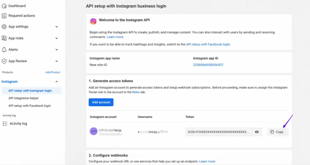 copy access token for instagram
