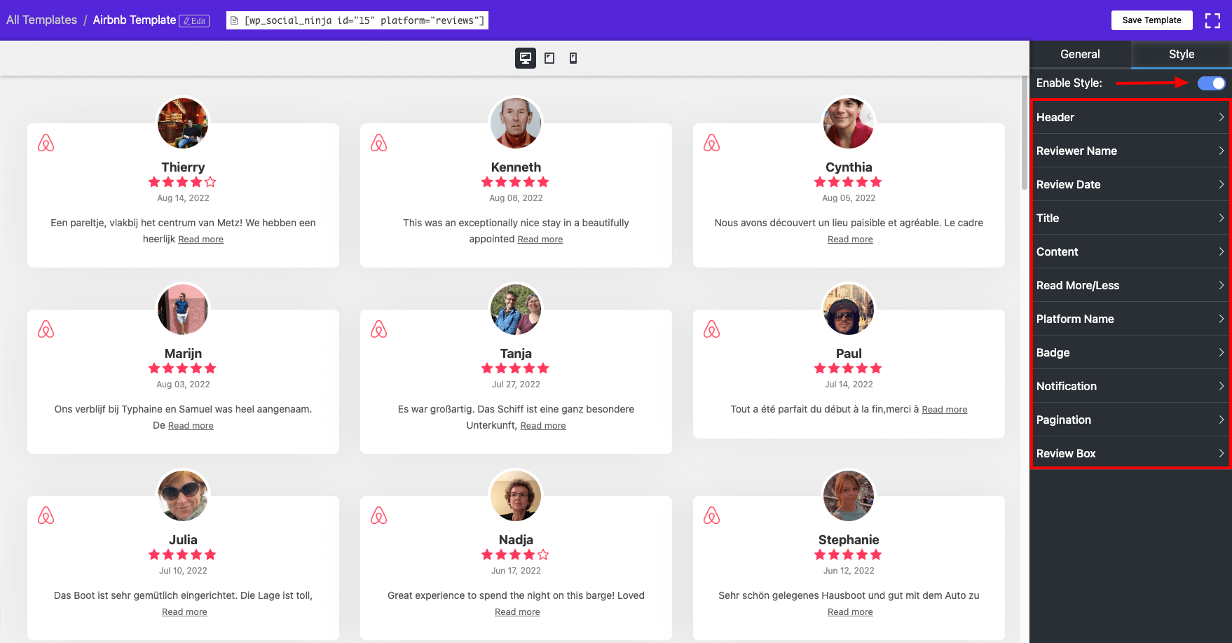 Enable website styling feature for social reviews