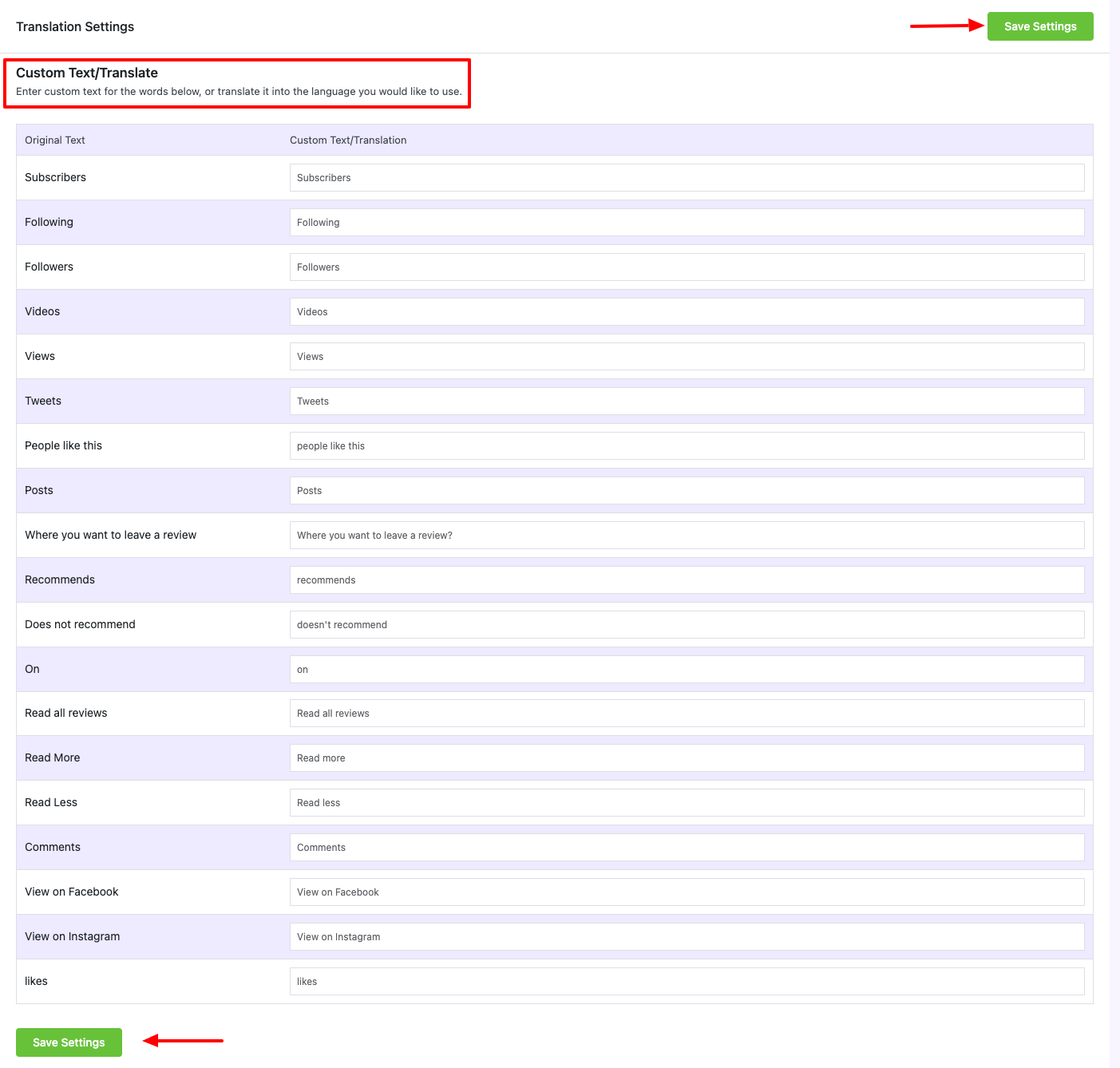 Input fields in WP Social Ninja translation settings 