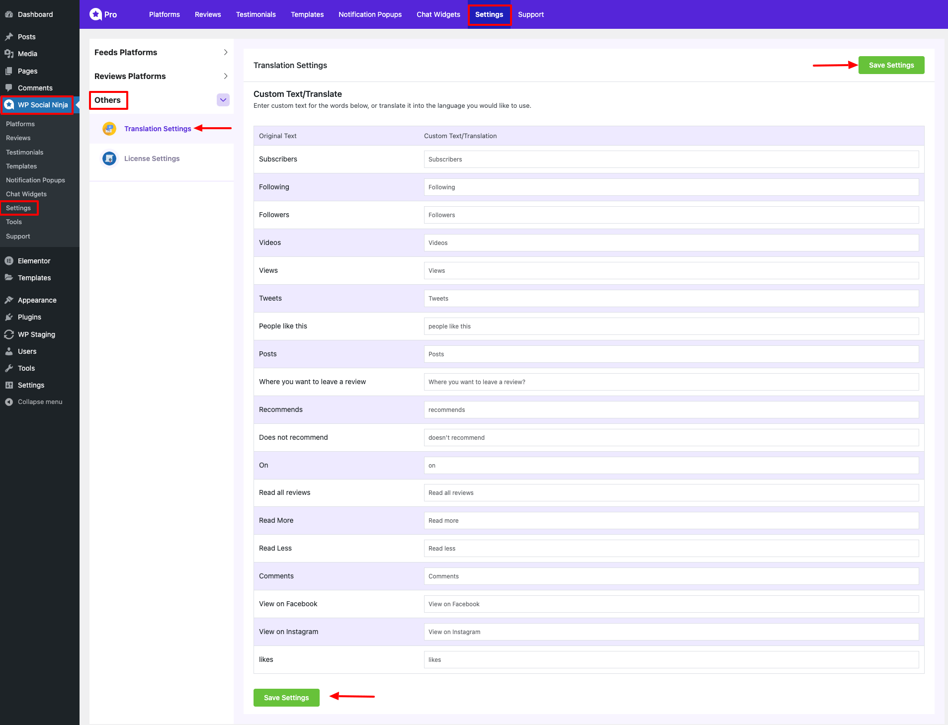 Translation settings with WP Social Ninja