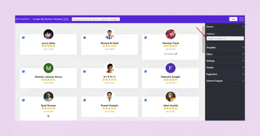 choose platform wp social ninja setting