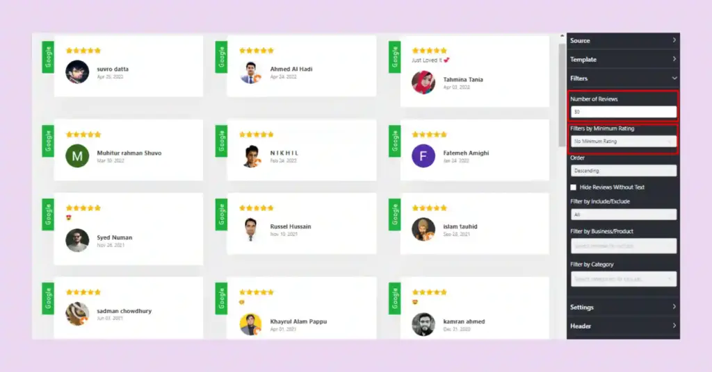filtering options wp social ninja
