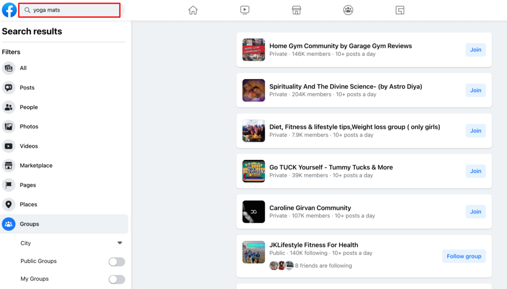 Facebook networking tips: search results for groups