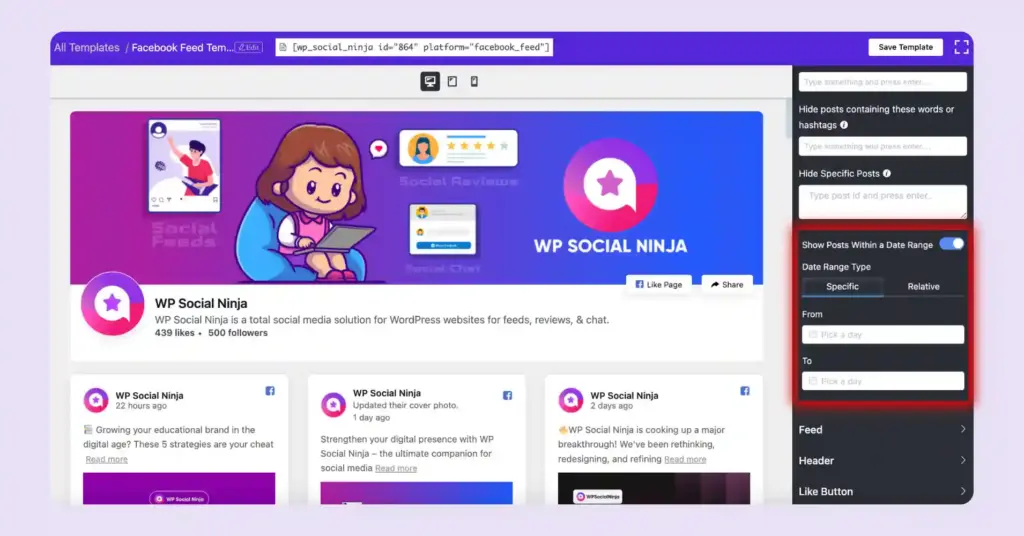 WP Social Ninja facebook feed show posts within date range