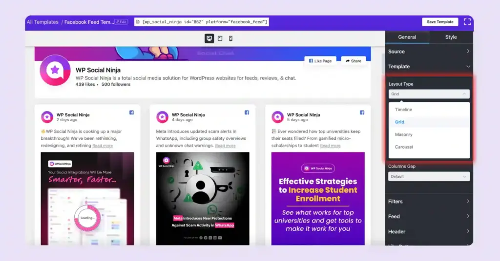 WP Social Ninja social feed layout types