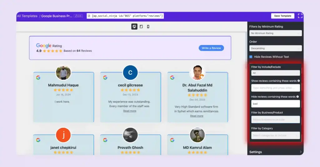 WP Social Ninja social reviews filter reviews
