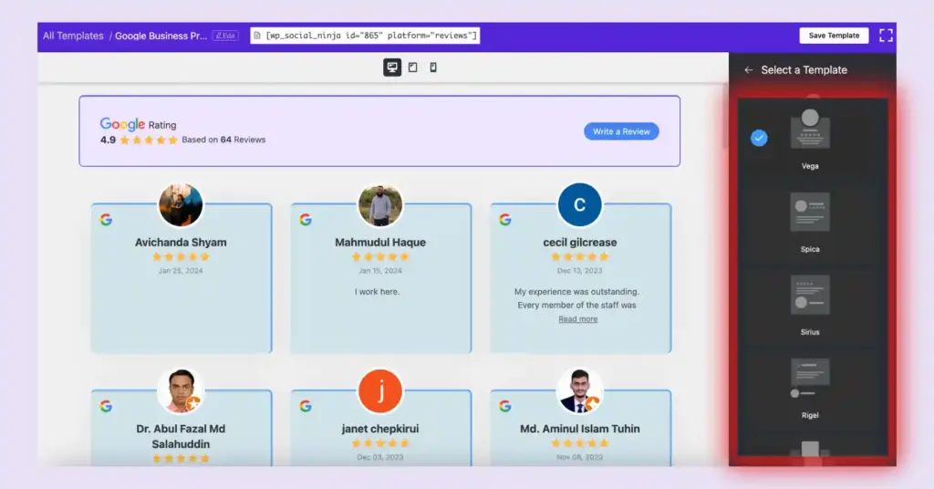 WP Social Ninja Social reviews templates