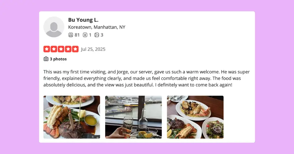 Positive review example for a restaurant