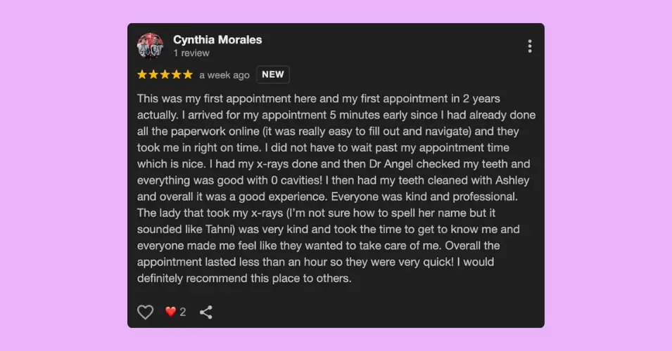 A positive review example for a dental clinic