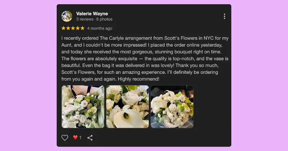 A positive review example for flower shop