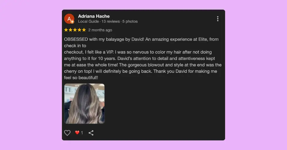 A positive review example for hair salons