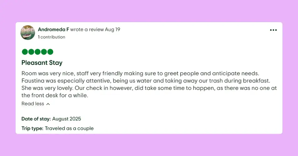 positive review example for hotels and resorts