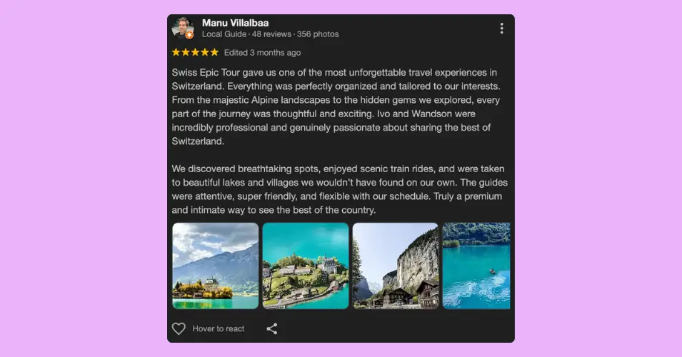 A positive review example for travel agencies
