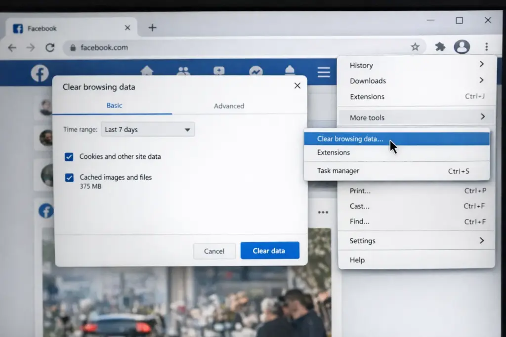clear cache from desktop to fix facebook posts visibility problem