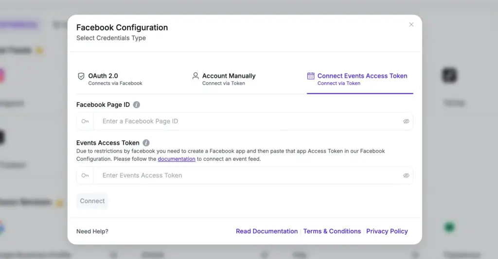 select credential type for facebook event