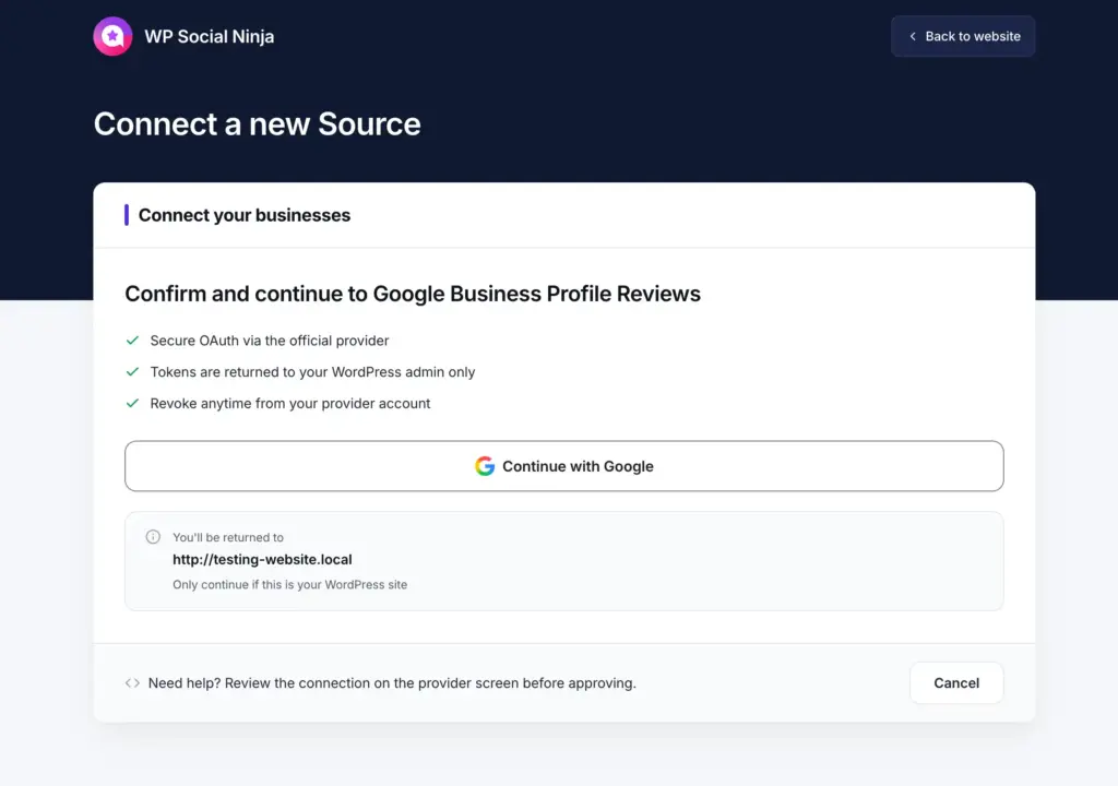 google account selection associated with business profile