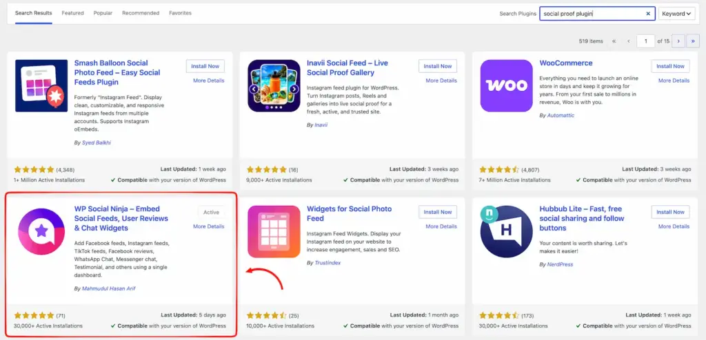 WP Social Ninja appeared in the WordPress repository upon searching social proof plugin