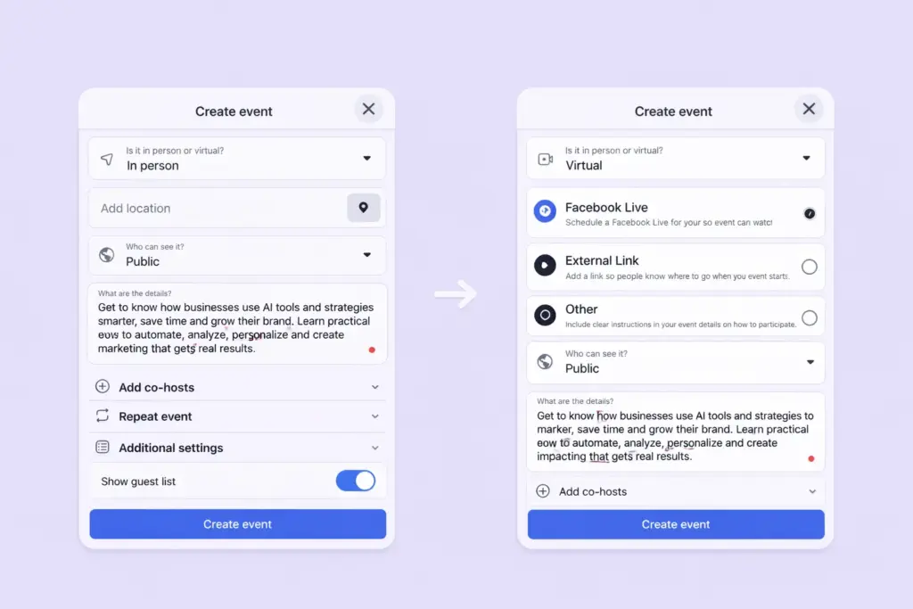 choose virtual or in person event on faceook