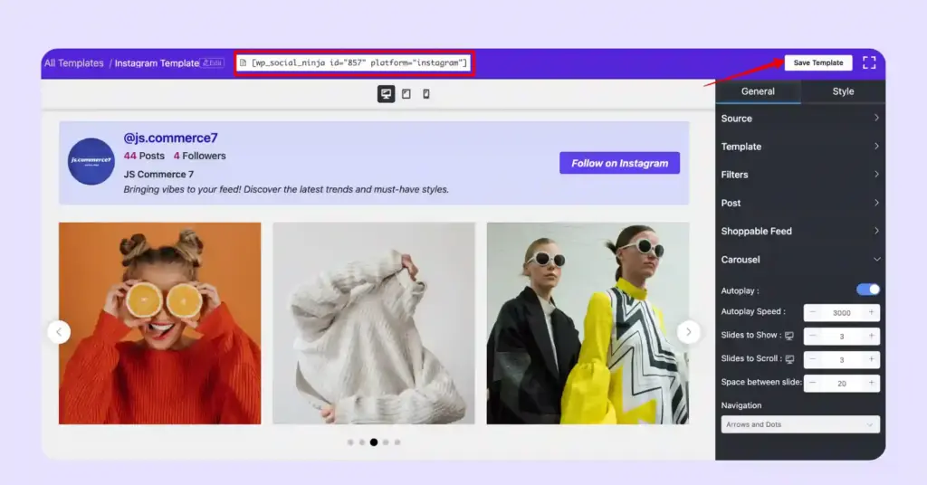 copy shortcode to display instagram feed