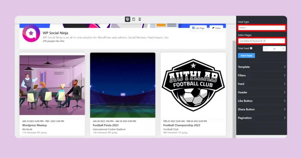 event feed settings panel