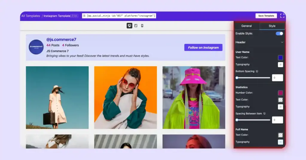 instagram post on website style settings