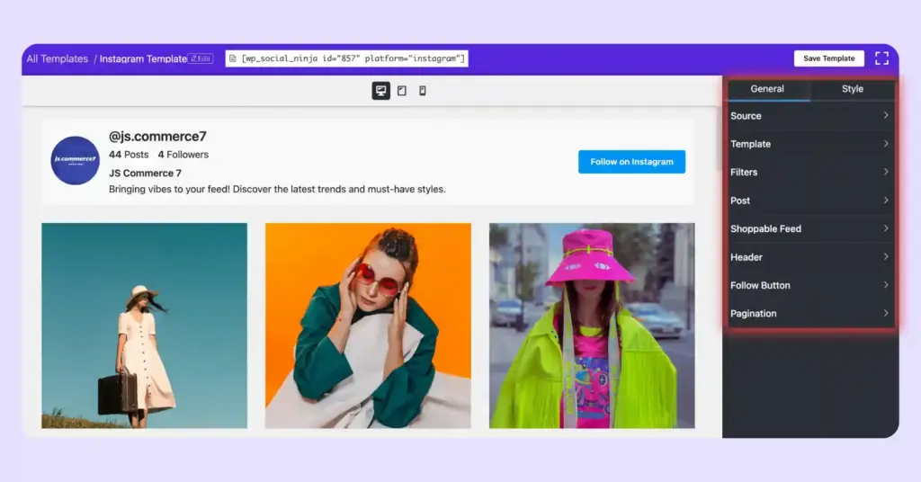 instagram template settings