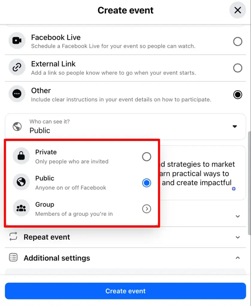privacy settings for facebook events