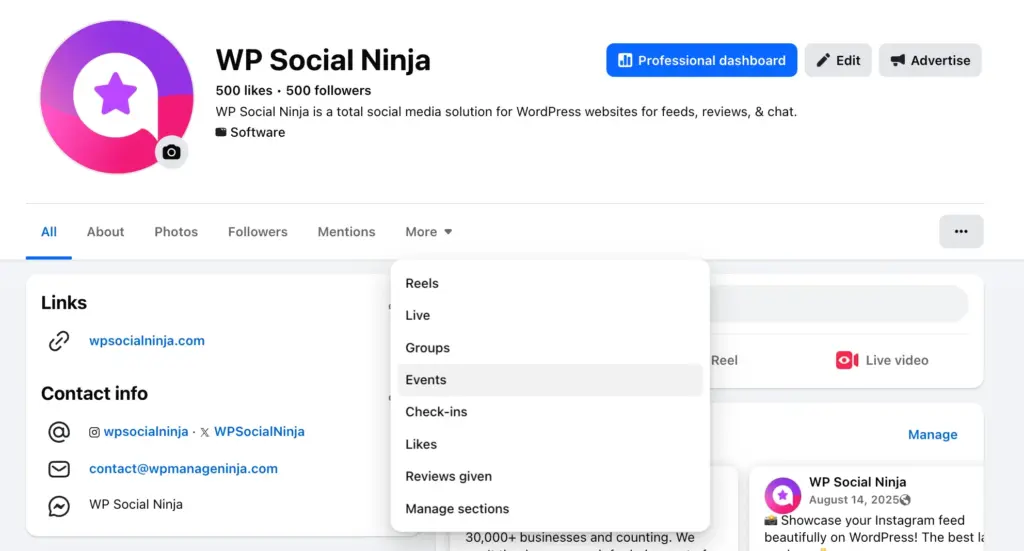 find the events option in facebook page