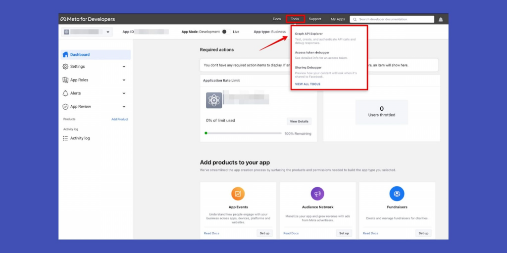 How to get Facebook access token: Select the Graph API Explorer