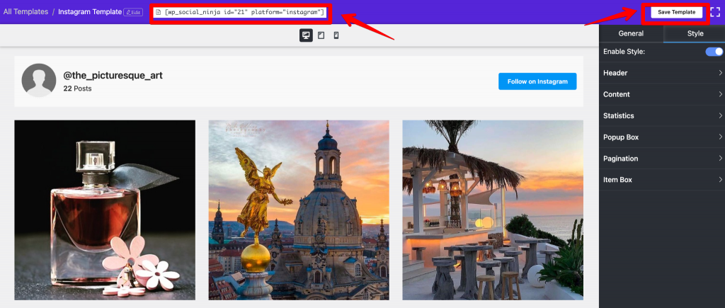 Copy shortcode to get Instagram widget for website