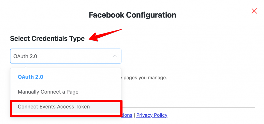 Facebook configuration for creating Facebook events