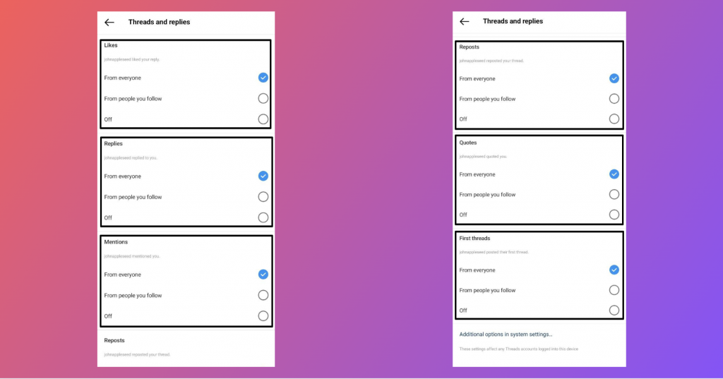 This is a picture of features of Threads to customise a feed. 