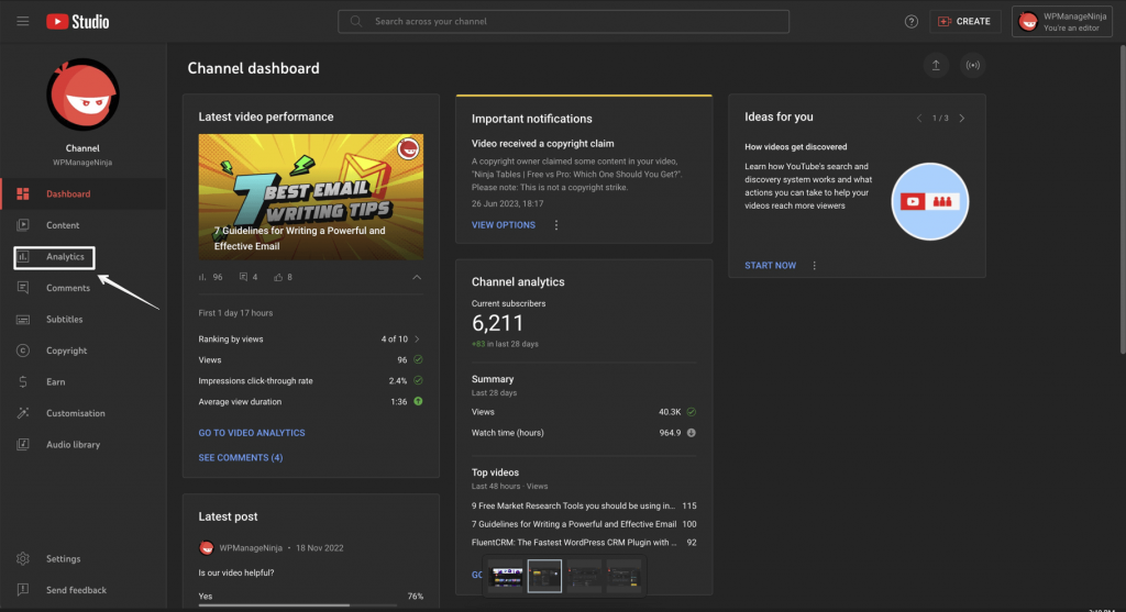 This is an image of the Analytics section found in YouTube Dashboard.