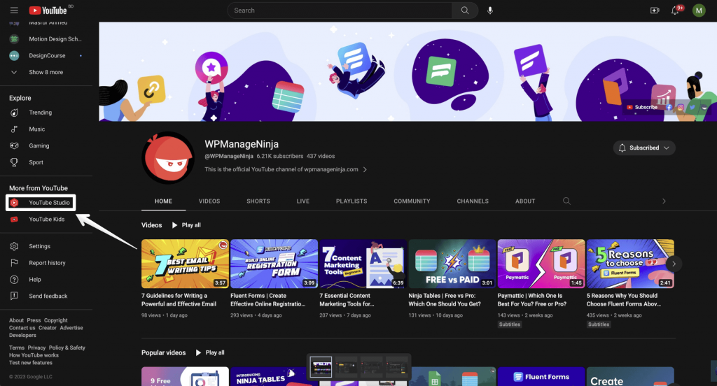 This image shows the YouTube studio section of a channel. 