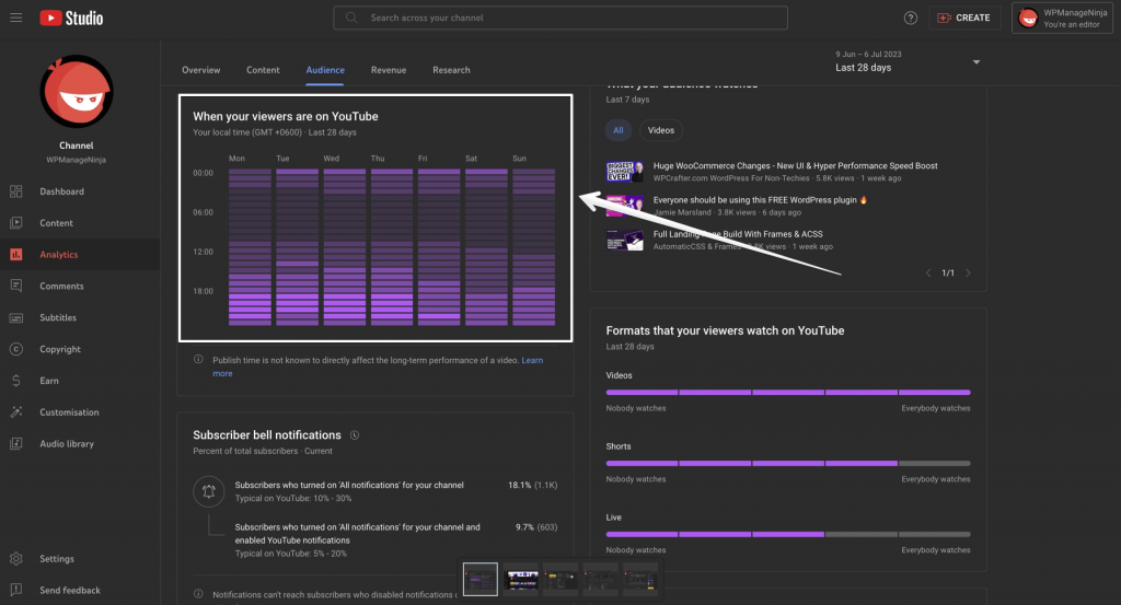 This is audience engagement chart. There are several purple bars for each hour. The darker the shade, the larger the audience engagement. 