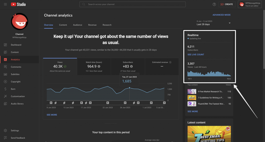 This is the Overview section of Channel analytics. This section contain data of audience engagement for last 48 hours.