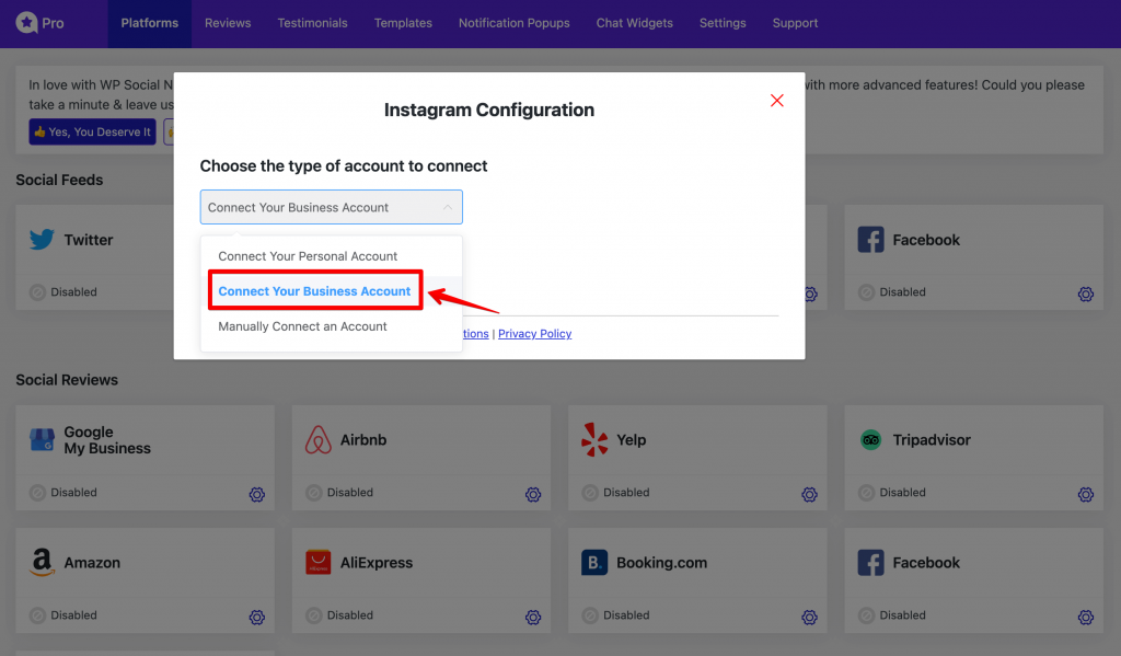 Types of Instagram account for configuration.