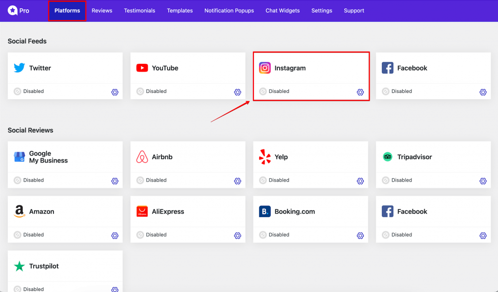 Instagram on the Social Feeds in Platforms section.