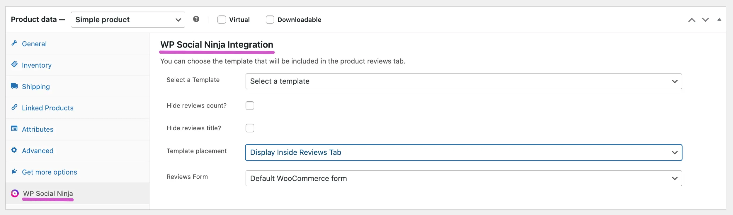 social ninja review settings in woocommerce products