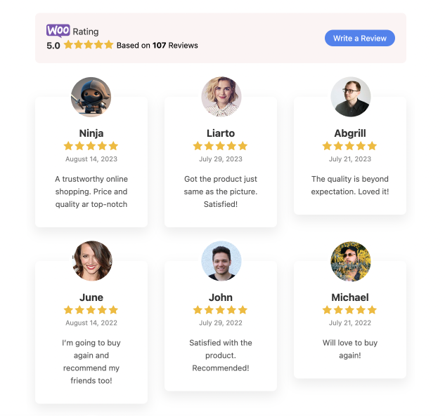 WooCommerce reviews on website