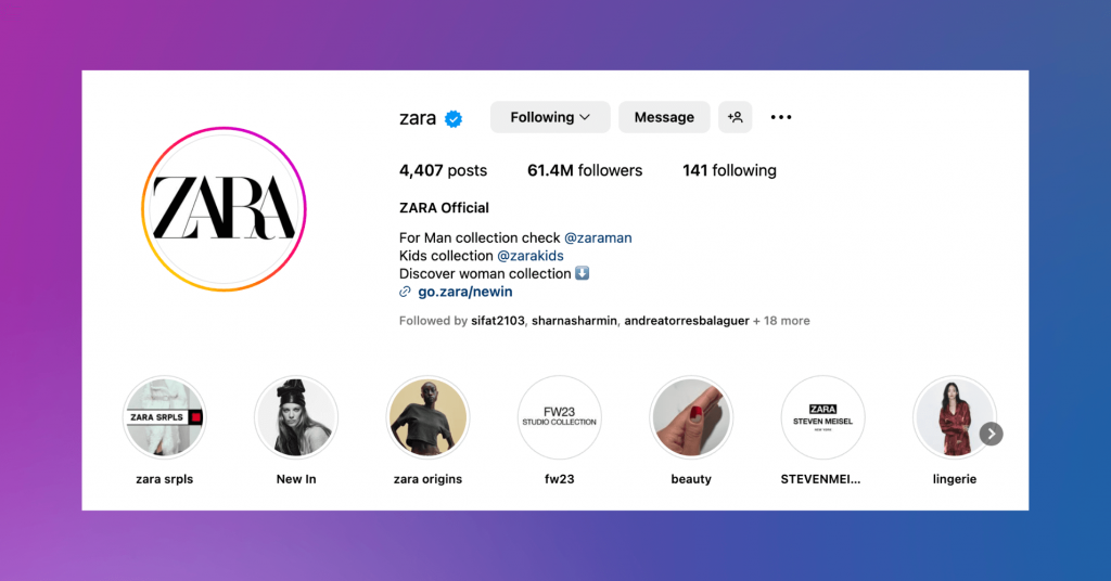 Instagram bio of Zara, a famous clothing brand.